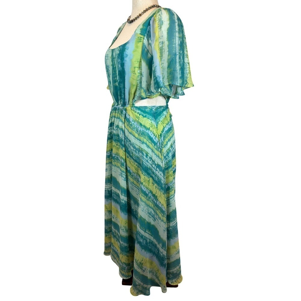 Boho Tie Dye Maxi Dress size 14 Chiffon Flutter Sleeve Cut Out Side High Low Hem - Picture 3 of 11